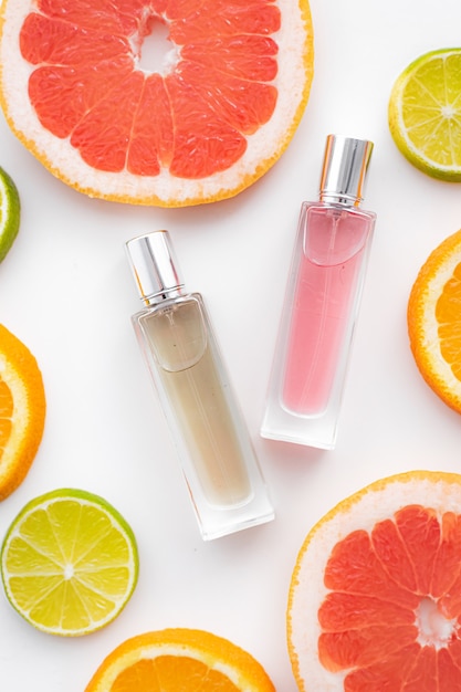 Perfume and citrus . Aromatherapy. Perfume with citrus. Bottles of perfume. Beauty and fashion.
