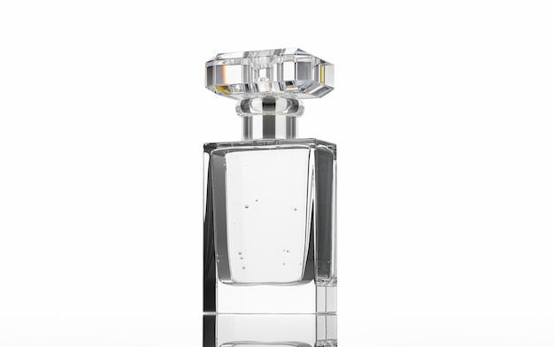 Photo perfume or cologne clear glass bottle with a super clear geometric cover on white background