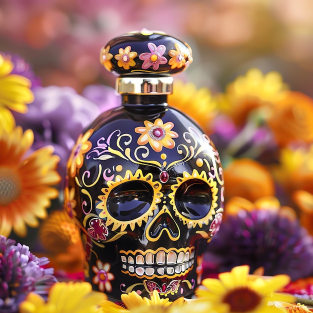 Photo perfume or cologne perfume o colonia mexican dia de muertos day of the dead watercolor border