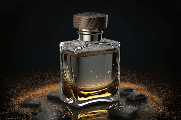 Perfume glass bottle on podium mock up banner Ai Realistic 3d illustration