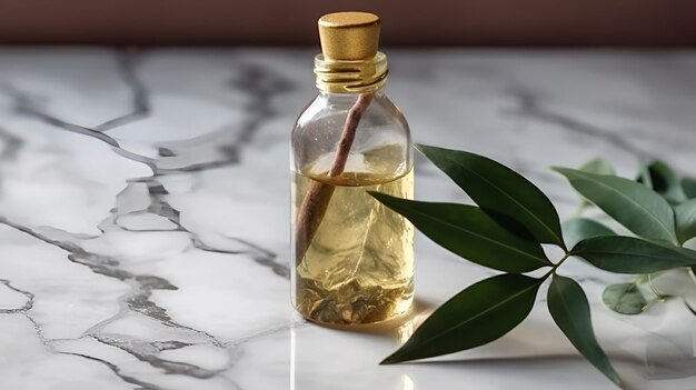 Perfume glass oil bottle with leaves on marble