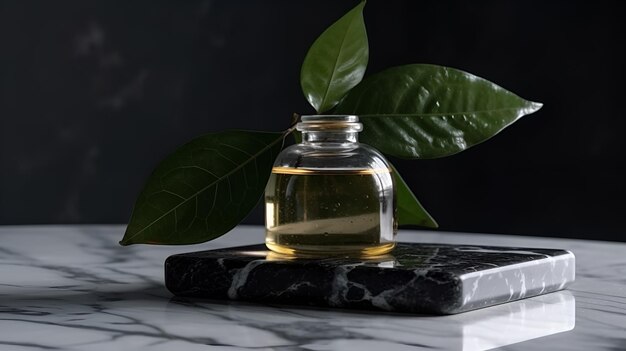 Perfume glass oil bottle with leaves on podium marble