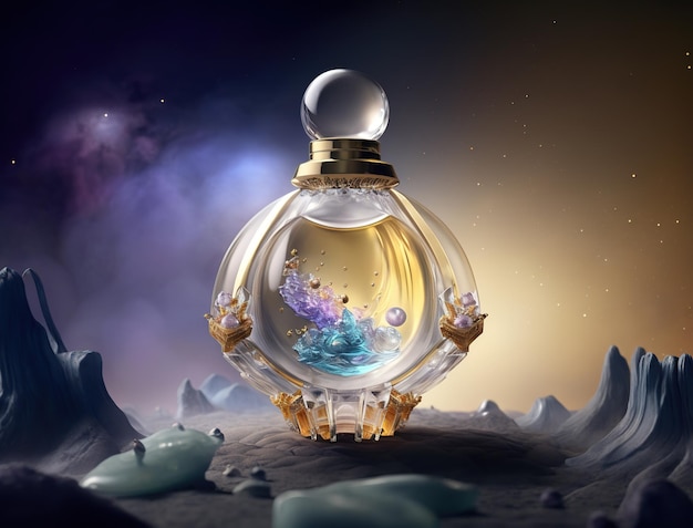 perfume in middle of space, milky way on background.