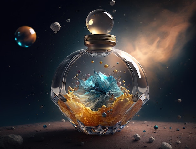 perfume in middle of space, milky way on background.