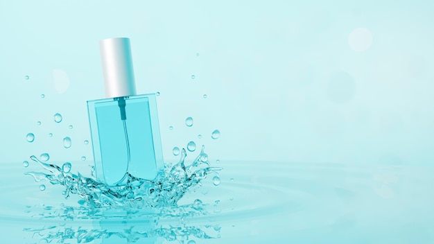 Perfume spray bottle mockup with water splash on blue background with copy space 3d render