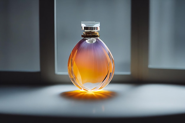 Perfume spray in a glass bottle on beautiful light and elegant\
backgroundselective focus 3d illustration