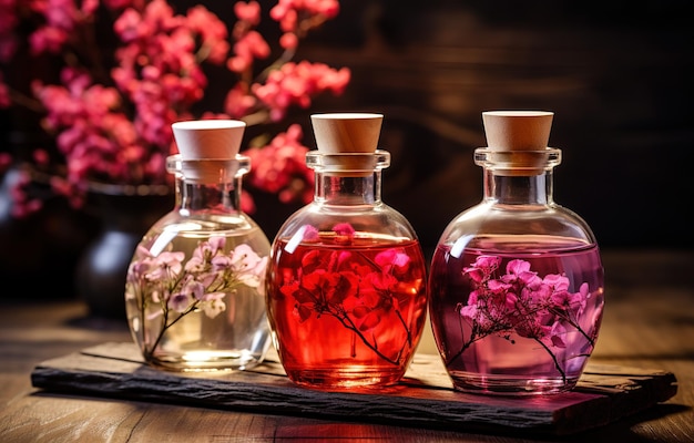 Perfumed rose water in a glass bottle roses