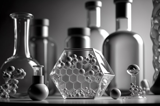 Perfumery production laboratory Perfume bottles Liquid essence oil with a molecule Generative AI