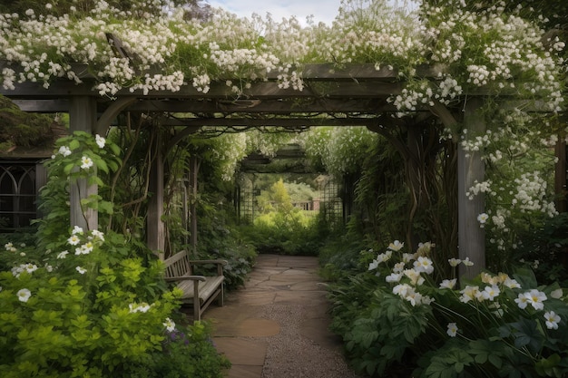 Pergola bedekt met geurige kamperfoelieranken omgeven door bloeiende bloemen