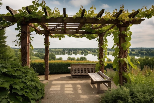 Pergola bedekt met weelderige wijnstokken met uitzicht op het rustige meer