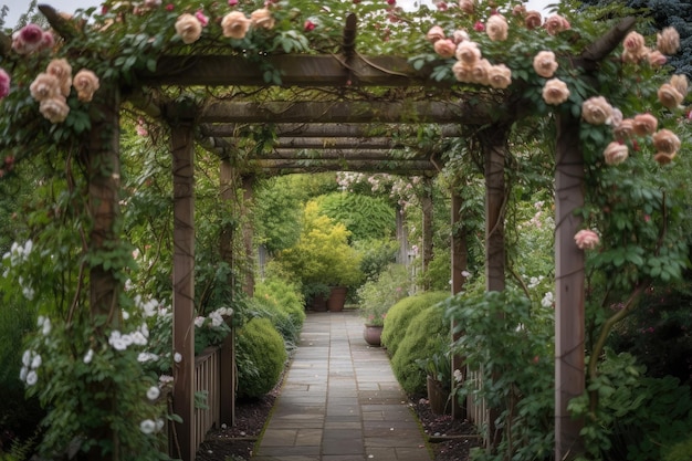 Pergola covered in blooming roses surrounded by green foliage