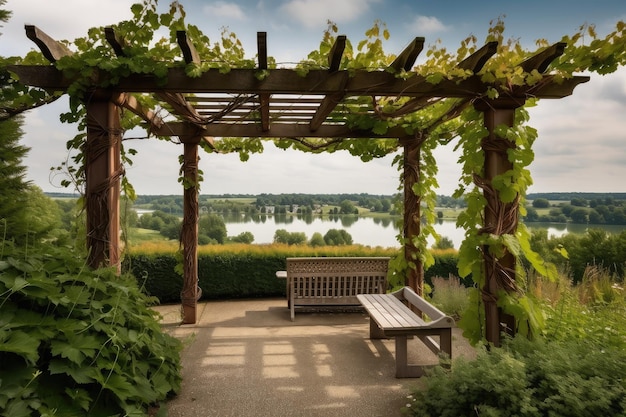 Pergola covered in lush vines with a view of the tranquil lake