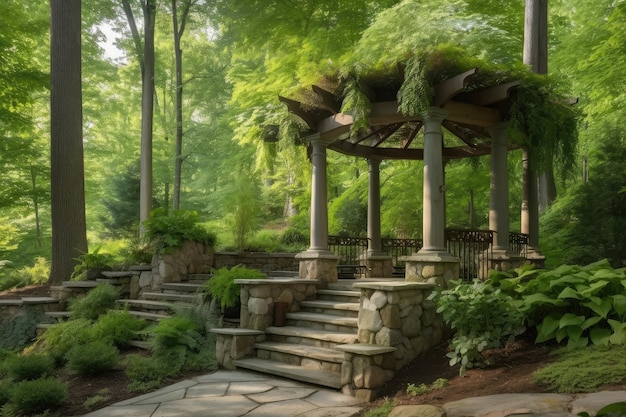 Pergola and gazebo in forest with natural stone steps