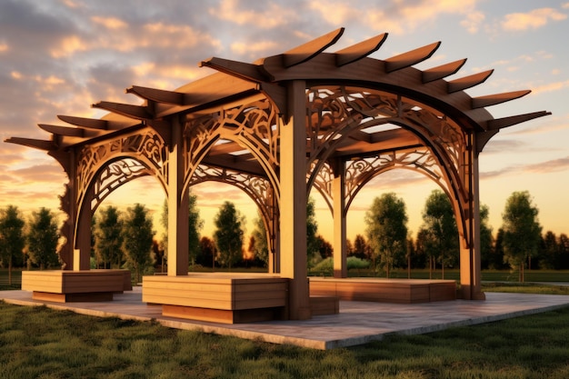 Pergola hout meer gras paviljoen Natuurlijke meubels Genereren AI