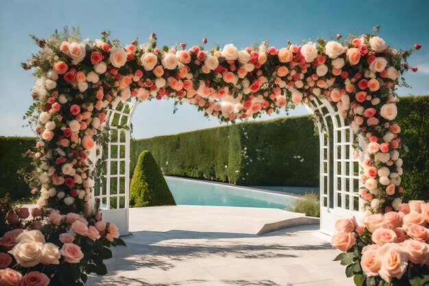 The pergola is adorned with roses and the pergola.