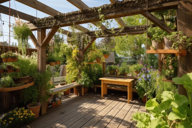 Pergola made of natural wooden beams and ropes with potted plants hanging from the beams