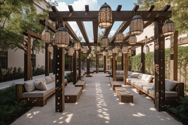 Pergola met hangende lantaarns en luxe zitplaatsen buiten