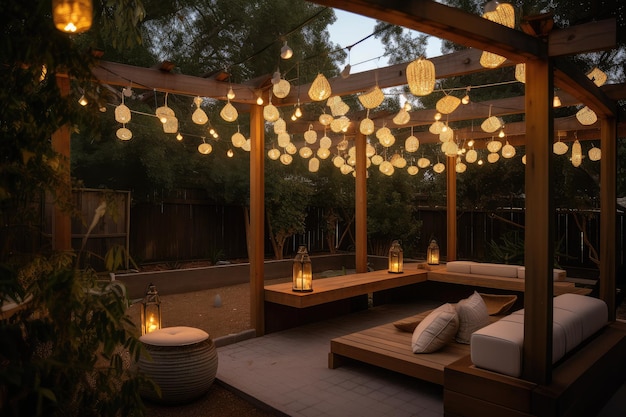 Pergola met hangende lantaarns en luxe zitplaatsen buiten