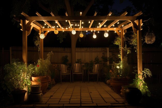 Pergola met hangende manden en lantaarns die de nachtelijke hemel verlichten