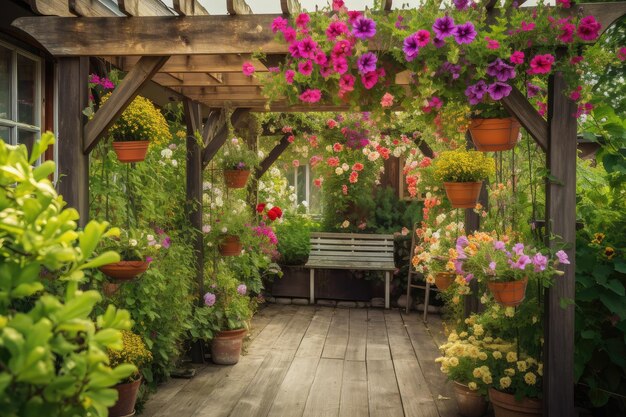 Pergola met hangende manden vol met bloemen op de achtergrond van een tuin