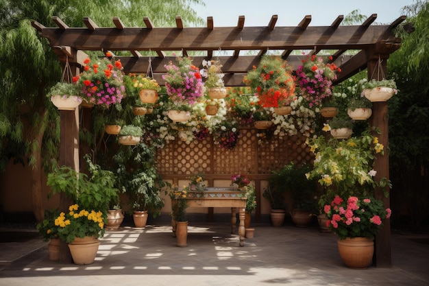 Pergola met hangende potten en bloemstukken