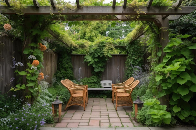 Pergola met hangende wijnranken en tuinstoelen