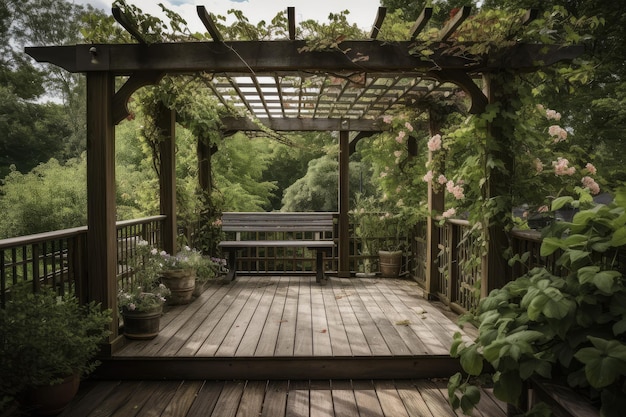 Foto pergola met latwerk en klimplanten op houten dek