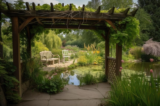 Pergola met uitzicht op rustige tuinvijver omgeven door bloeiende planten