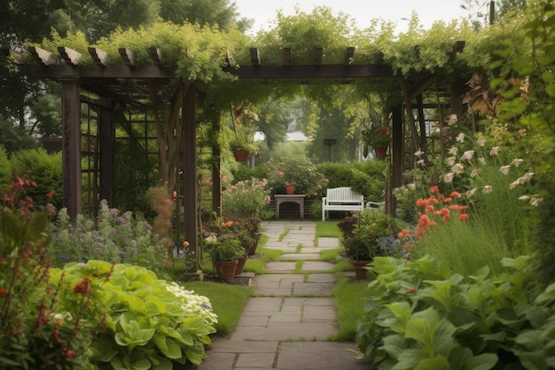 Pergola omgeven door weelderig gebladerte en bloemen