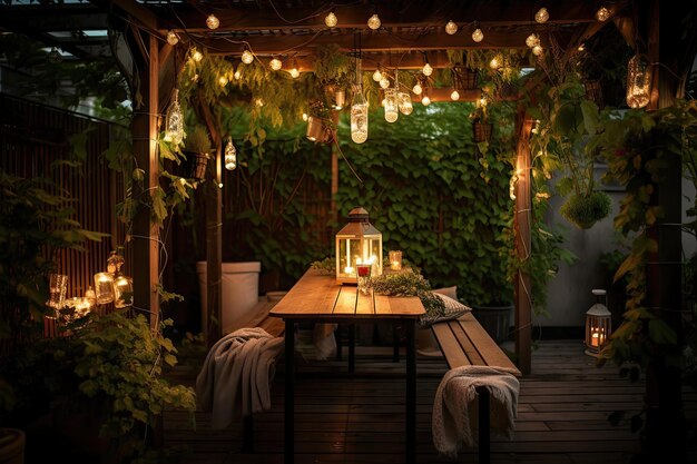 Pergola versierd met hangende planten, lantaarns en kaarsen voor een romantische avond