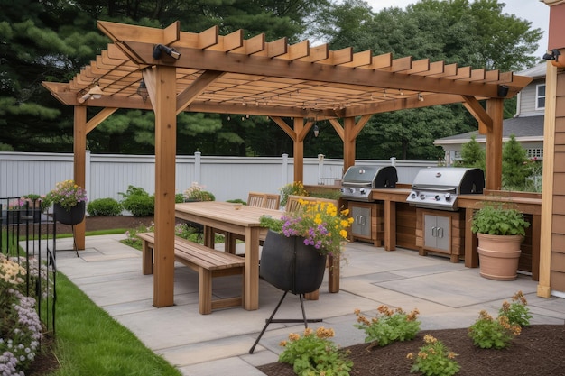 Pergola with barbeque grill and comfortable seating for entertaining guests