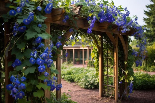 A pergola with blue flowers in the garden.