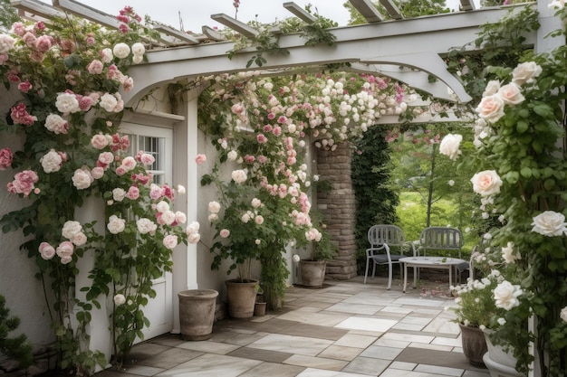 Pergola with climbing roses and hanging pots on a white stone patio