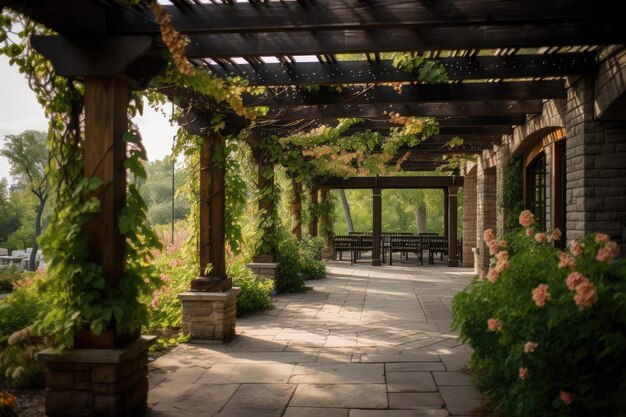 Pergola with flowering vines and rustic lanterns