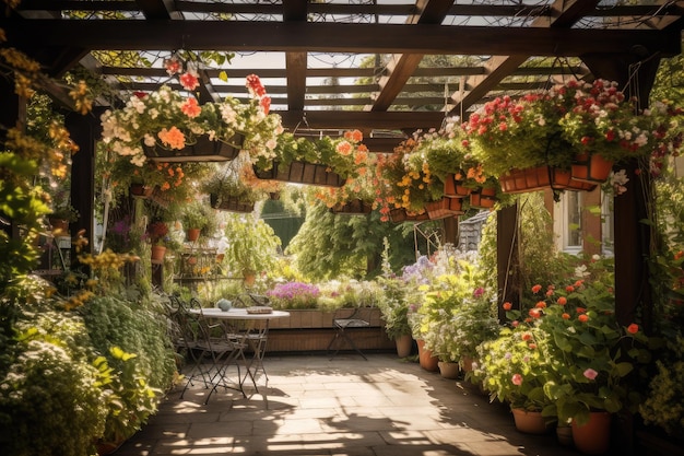 Pergola with hanging baskets of blooming flowers in a beautiful garden