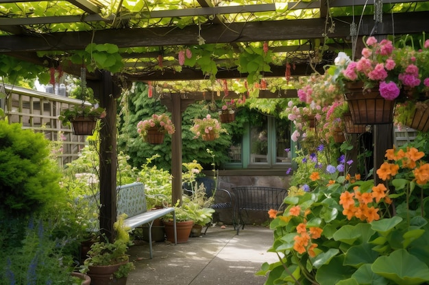 Pergola with hanging baskets of flowers and lanterns in the garden