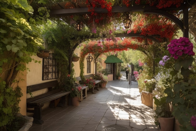 Pergola with hanging baskets of flowers and lanterns for romantic atmosphere