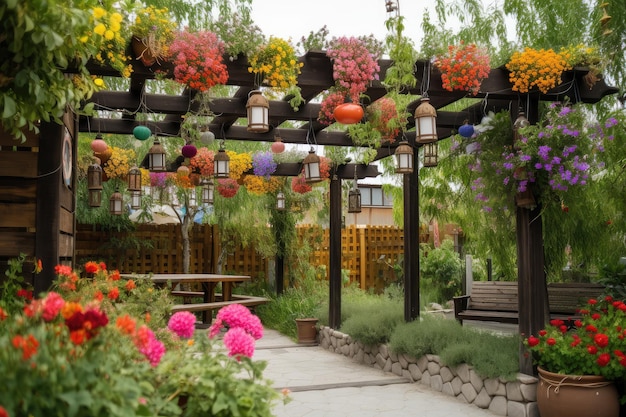 Pergola with hanging baskets and lanterns surrounded by colorful flowers