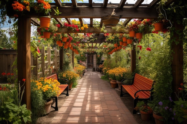 Pergola with hanging baskets and lanterns surrounded by colorful flowers