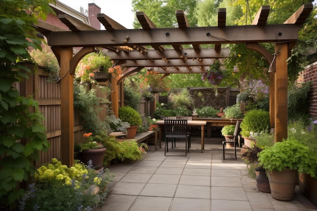 Pergola with hanging baskets and lanterns for a warm inviting atmosphere