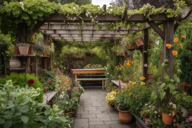 Pergola with hanging baskets and pots of flowers surrounded by lush greenery