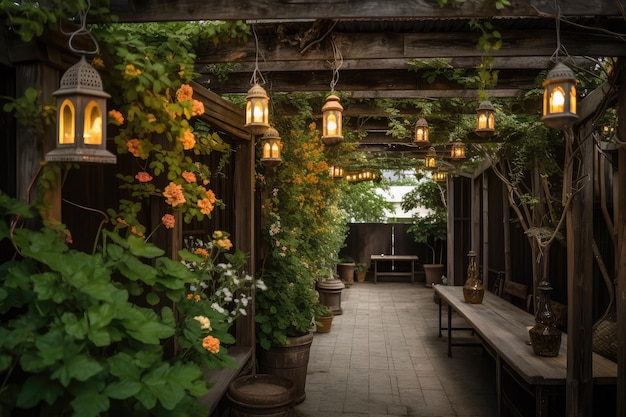 Pergola with hanging lanterns and blooming plants