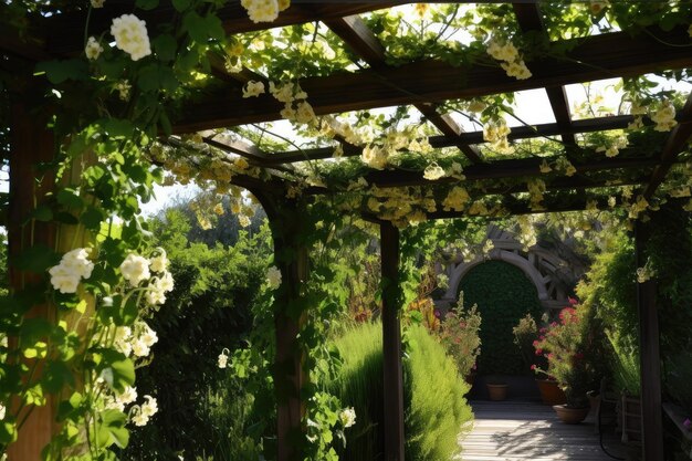 Pergola with hanging lanterns and blooming vines