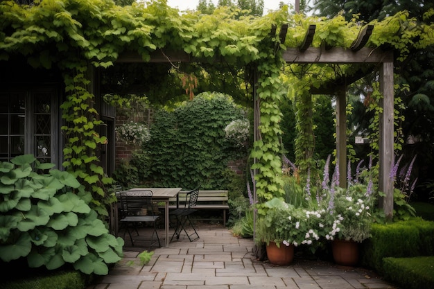 Pergola with hanging vines and garden chairs