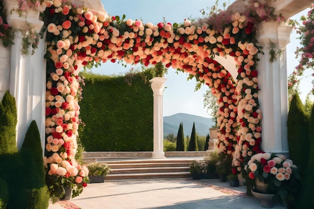 A pergola with a pergola and flowers on the terrace.