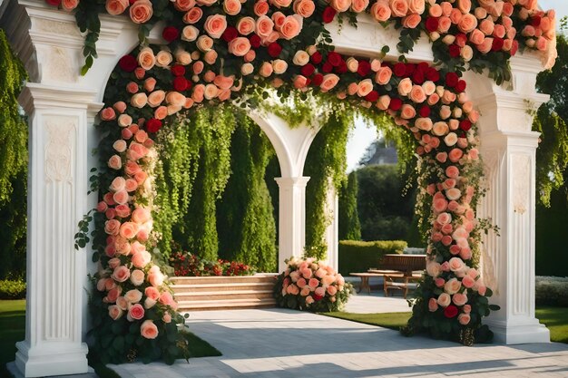 A pergola with roses on the arch