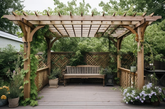 Pergola with trellis and climbing vines on wooden deck