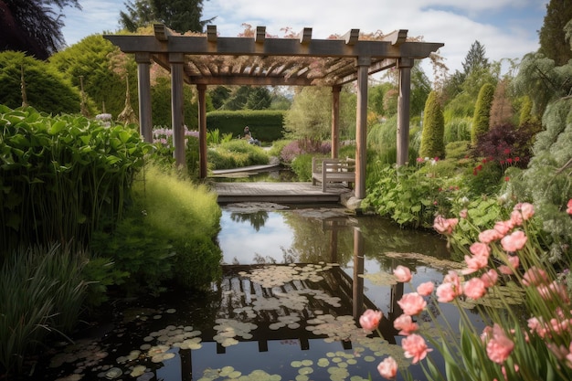 Pergola with view of tranquil garden pond surrounded by flowering plants