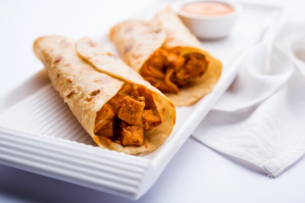 Peri peri paneer chapati frankie of wrap of roll, selectieve focus