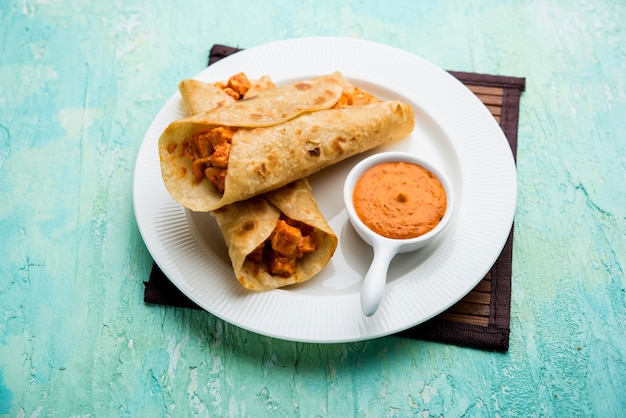 Peri peri paneer chapati frankie of wrap of roll, selectieve focus